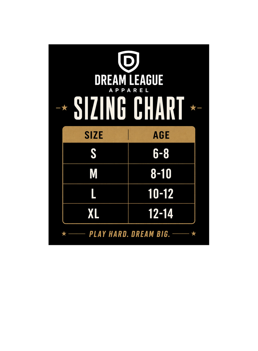 Dream League Apparel sizing chart on a black background