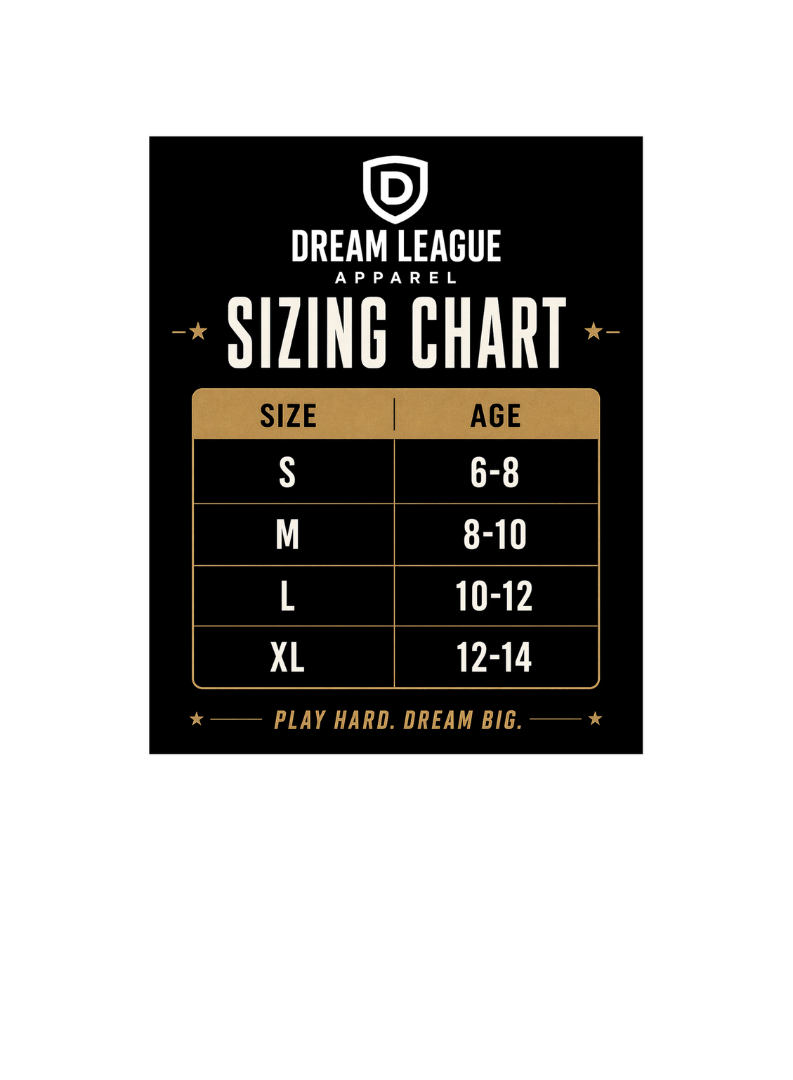Dream League Apparel sizing chart on a black background